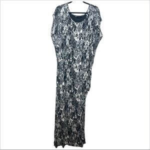 Colleen Lopez Black White Ruched Side Maxi Dress 3X Boho Ikat Print Plus Size